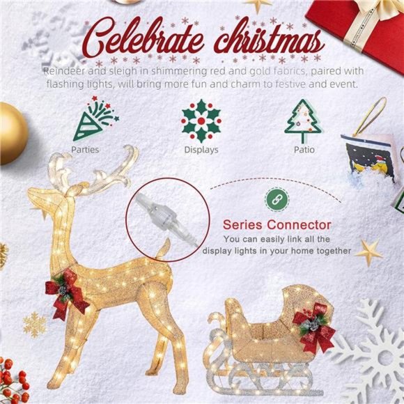 Christmas Lighted Reindeer and Sleigh Decor,Outdoor  Decor Set w/ 200 LED Lights - Picture 7 of 7